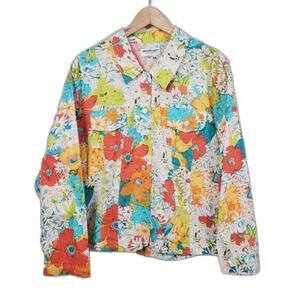 Norm Thompson Floral Button Down Blouse Women Size PXL White Orange Blue Cotton